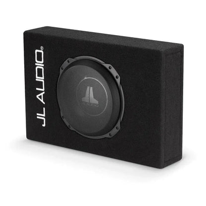 The JL Audio CS110LG-TW3 is a black rectangular PowerWedge subwoofer enclosure with a circular speaker and the JL Audio logo on the side.