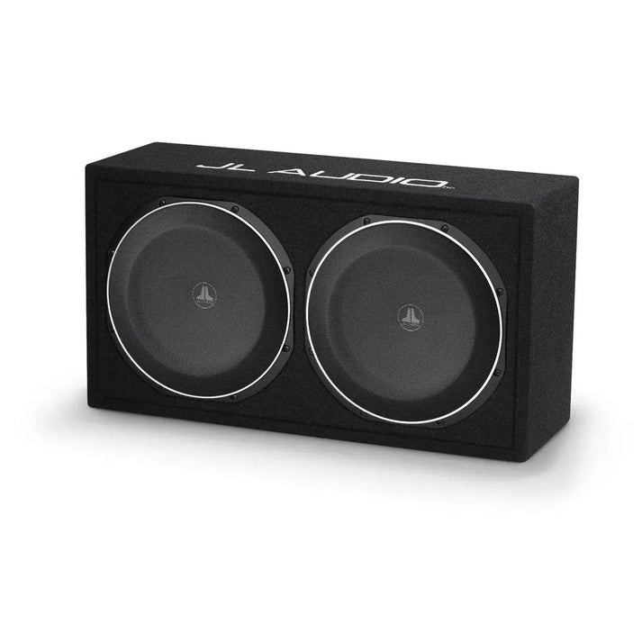 The JL Audio CS212LG-TW1 is a black rectangular speaker box with two 12 subwoofers and silver trim on the front.