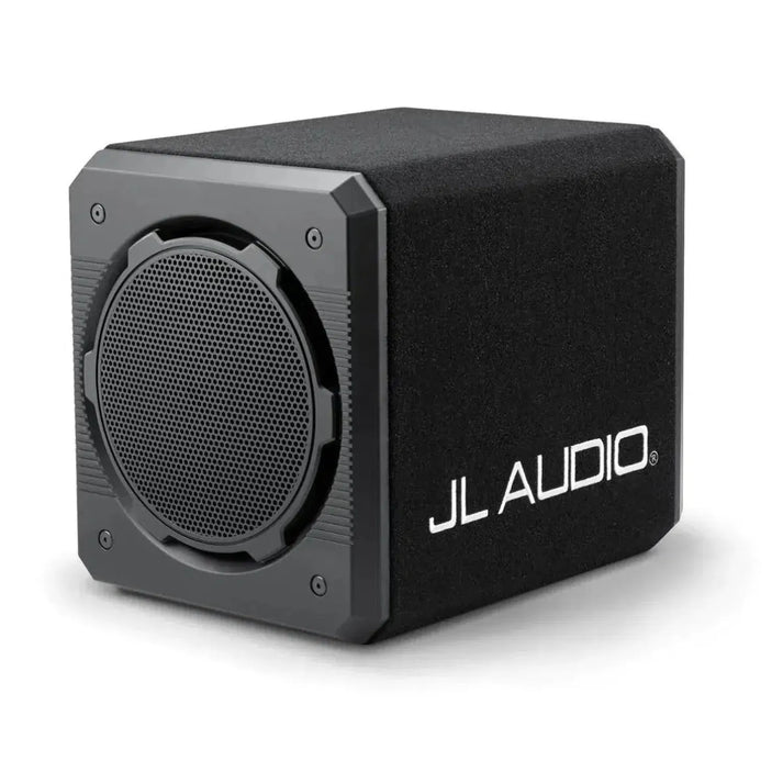 A black JL Audio CS212OG-TW3 subwoofer features a mesh speaker grille and the JL Audio logo printed on the side.