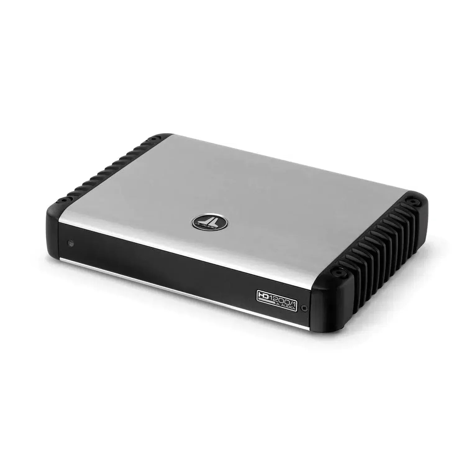 The JL Audio HD1200/1 is a silver and black Class D monoblock car amplifier with side ventilation fins, 1200W power, and a JL Audio logo on top.