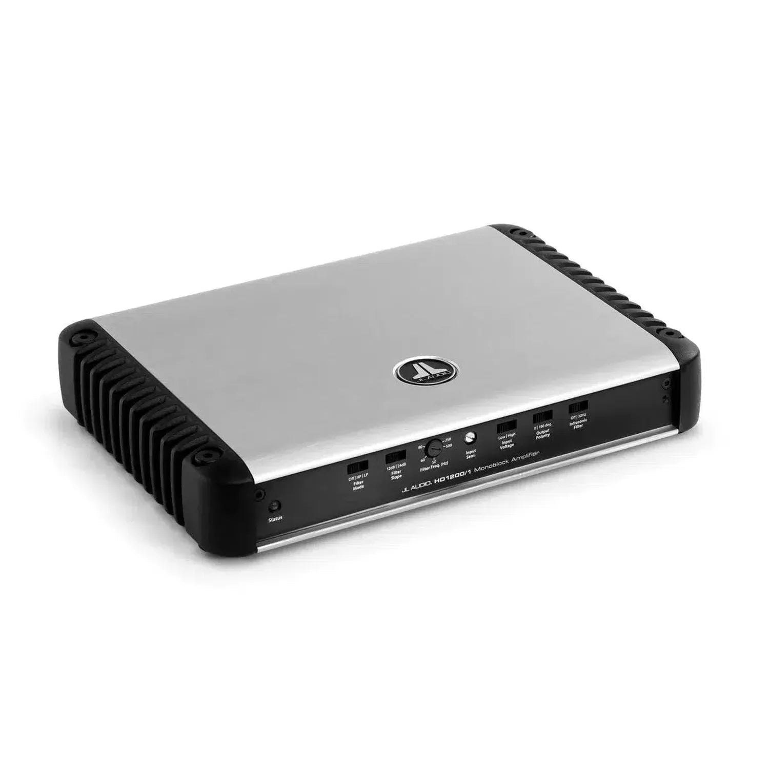 A JL Audio HD1200/1 silver and black Class D monoblock amplifier with multiple front input/output ports, shown on a white background.