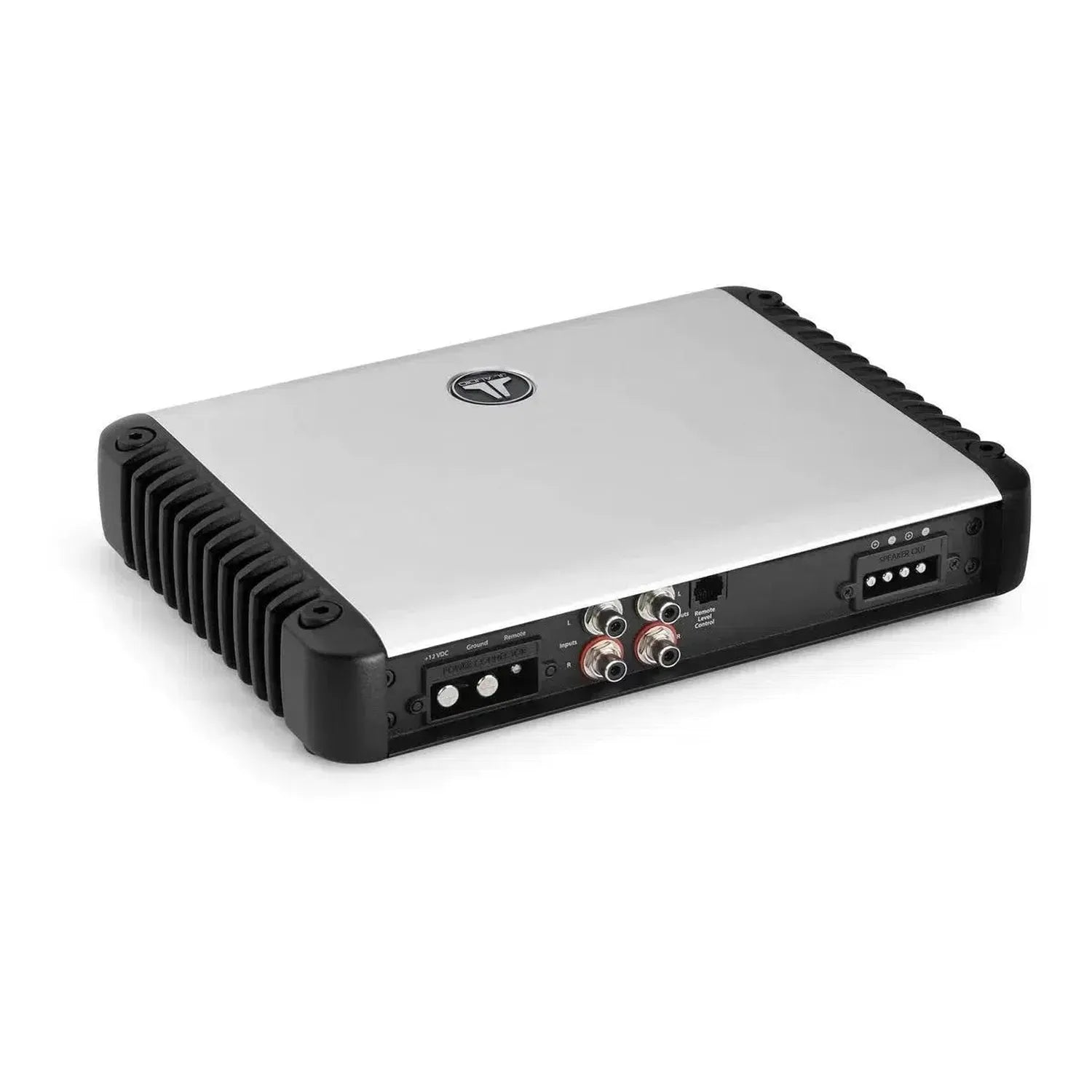 A JL Audio HD1200/1 silver and black Class D monoblock amplifier with multiple ports and controls shown on a white background.