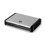 A JL Audio HD1200/1 silver and black monoblock Class D amplifier with cooling fins and control knobs, shown on a white background.