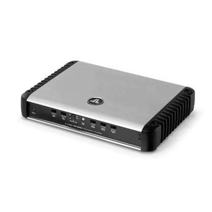 A JL Audio HD1200/1 silver and black monoblock Class D amplifier with cooling fins and control knobs, shown on a white background.
