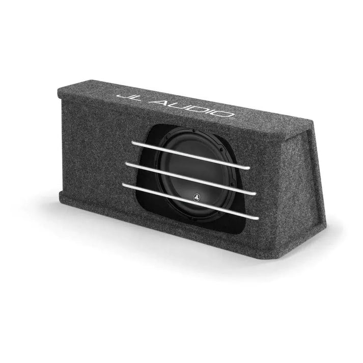 El JL Audio HO110RG-W3V3 es un subwoofer gris de 10 pulgadas en una caja bass reflex rectangular alfombrada con tres barras metálicas horizontales de protección.