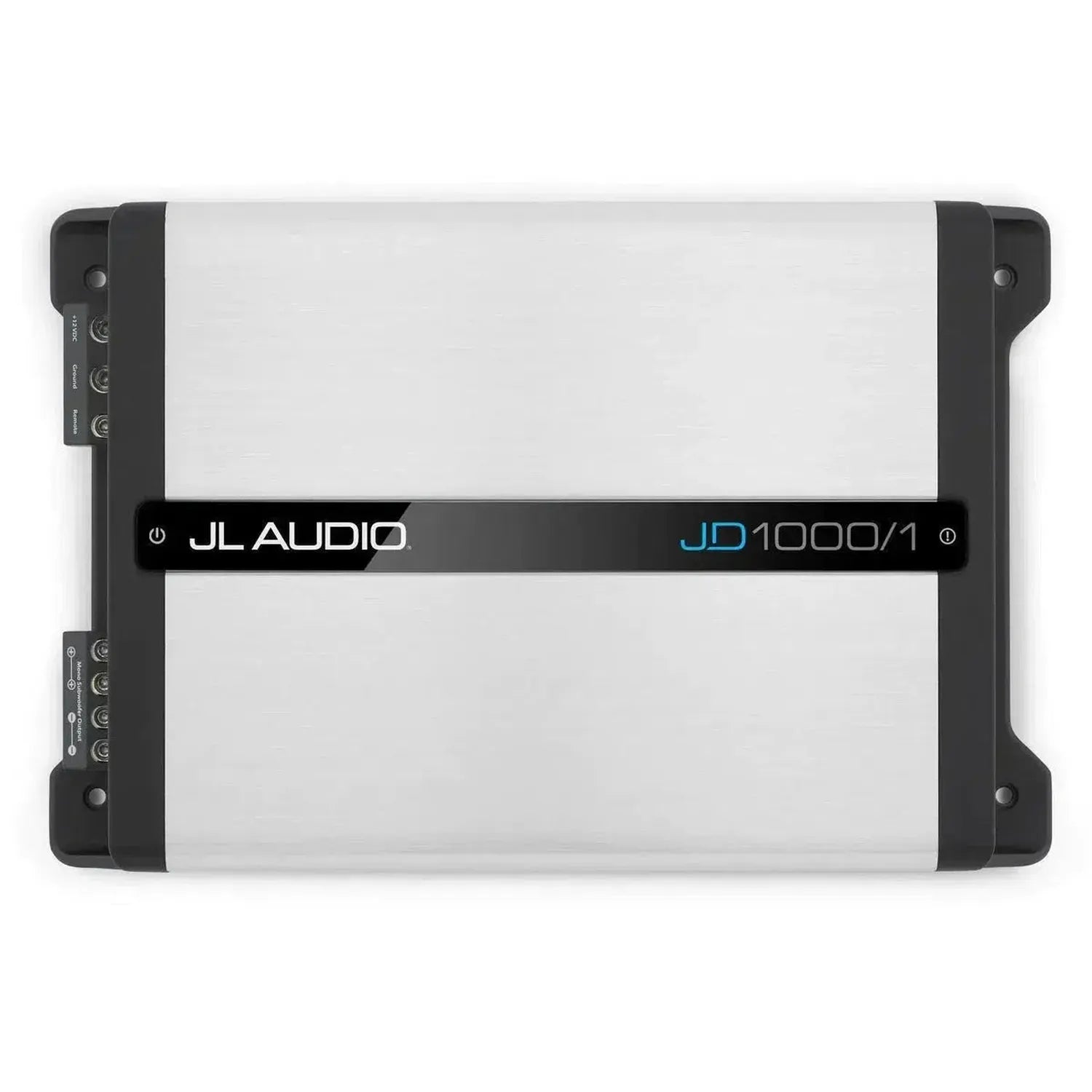 Il JL Audio JD1000/1 è un amplificatore per auto di classe D di colore argento con bordi neri e una striscia nera che riporta il marchio e il numero di modello.