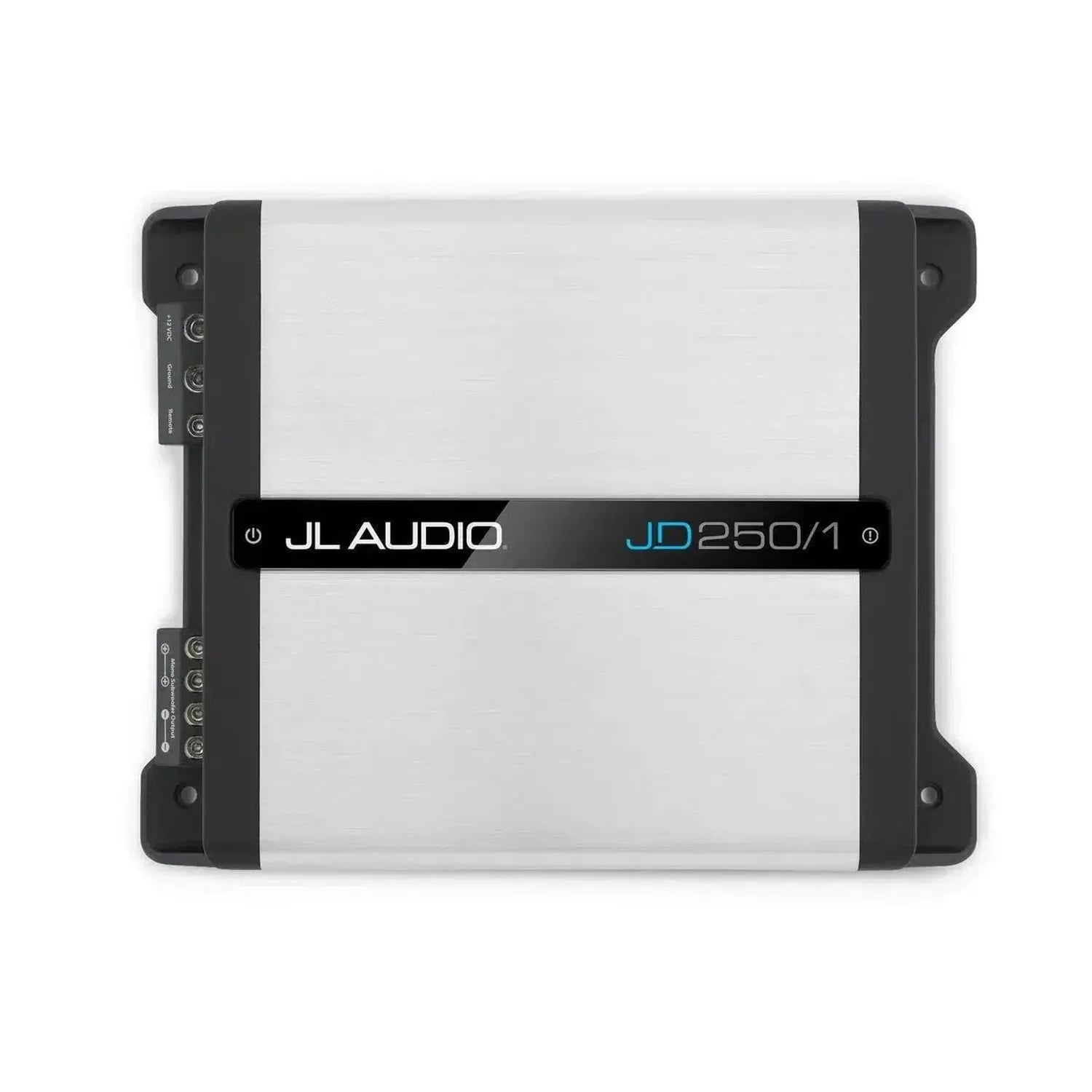 A silver JL Audio JD250/1 subwoofer amplifier with black trim, viewed from above, shows the JL Audio brand and JD250/1 model on a central black band.