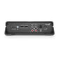 The JL Audio JD250/1 rear panel features RCA, speaker, remote, and bass boost connectors, plus control knobs and switches for easy input/output management.