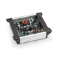 A black and silver JL Audio JD250/1 circuit board with coils and capacitors, partly enclosed in a rectangular metal and plastic amplifier casing.