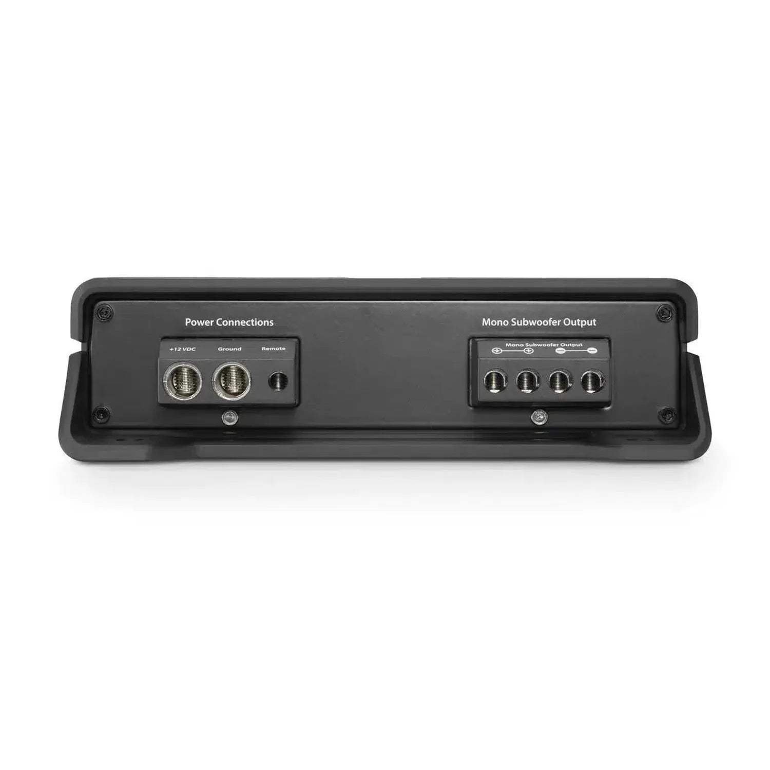 Close-up of the JL Audio JD250/1 rear panel, featuring labeled power connections on the left and mono subwoofer output terminals on the right.