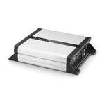 The JL Audio JD250/1 is a 1-channel Class D amplifier in silver and black, with input and control ports on the right side.