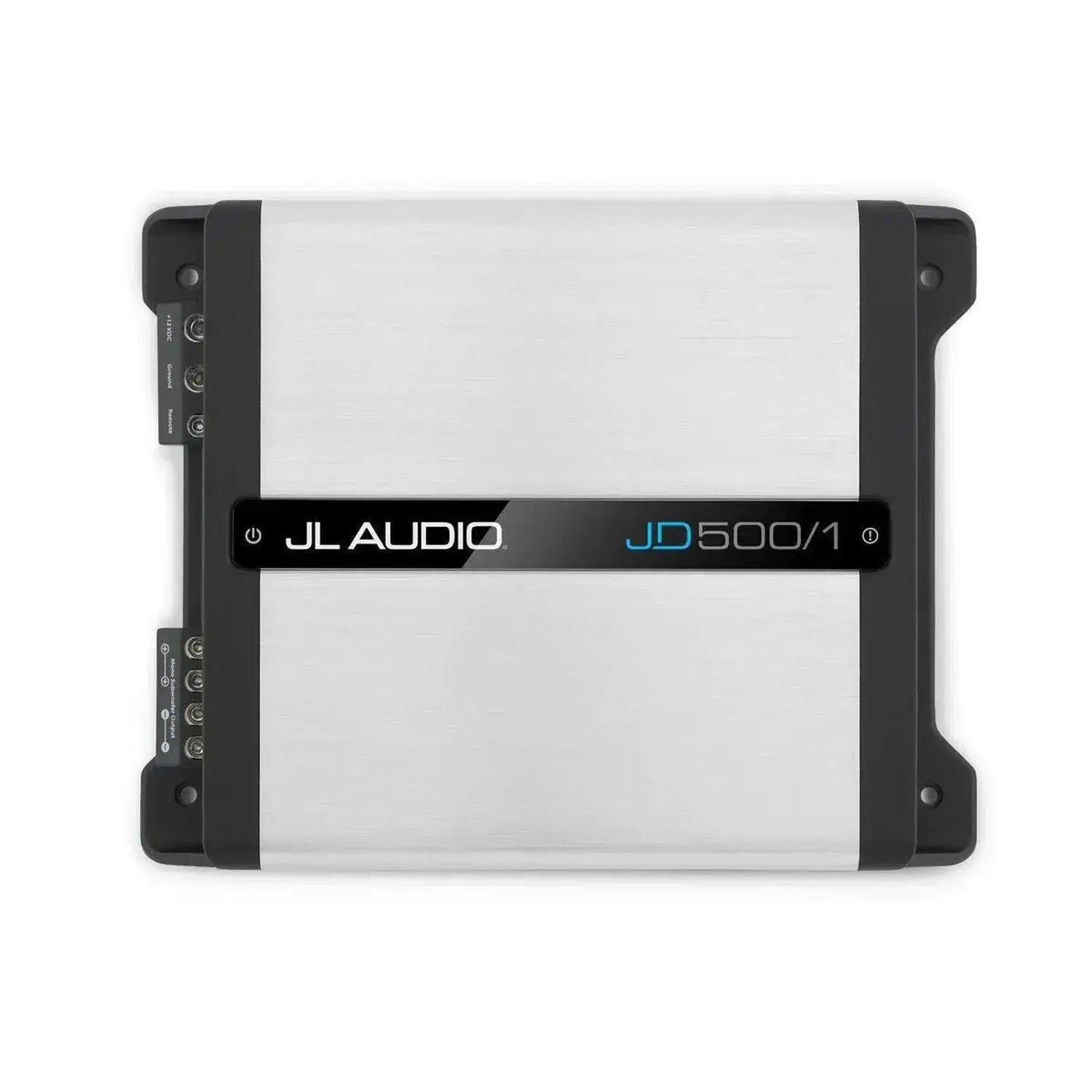 A silver and black JL Audio JD500/1 monoblock subwoofer amplifier with left-side control ports, displayed on a white background.