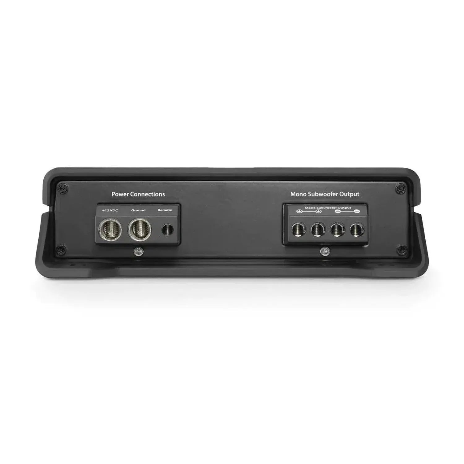 Close-up of a JL Audio JD500/1 back panel with labeled power connections, mono subwoofer outputs, and adjustment knobs.