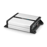 A silver and black JL Audio JD500/1 monoblock subwoofer amplifier with visible side control and input ports.