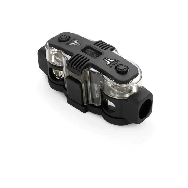 The JL Audio M-XB-MFBU-ANL is a black and transparent ANL fuse holder for 50–25 mm² cables with 2 screws and a clear cover, ideal for automotive, electrical, or marine use.
