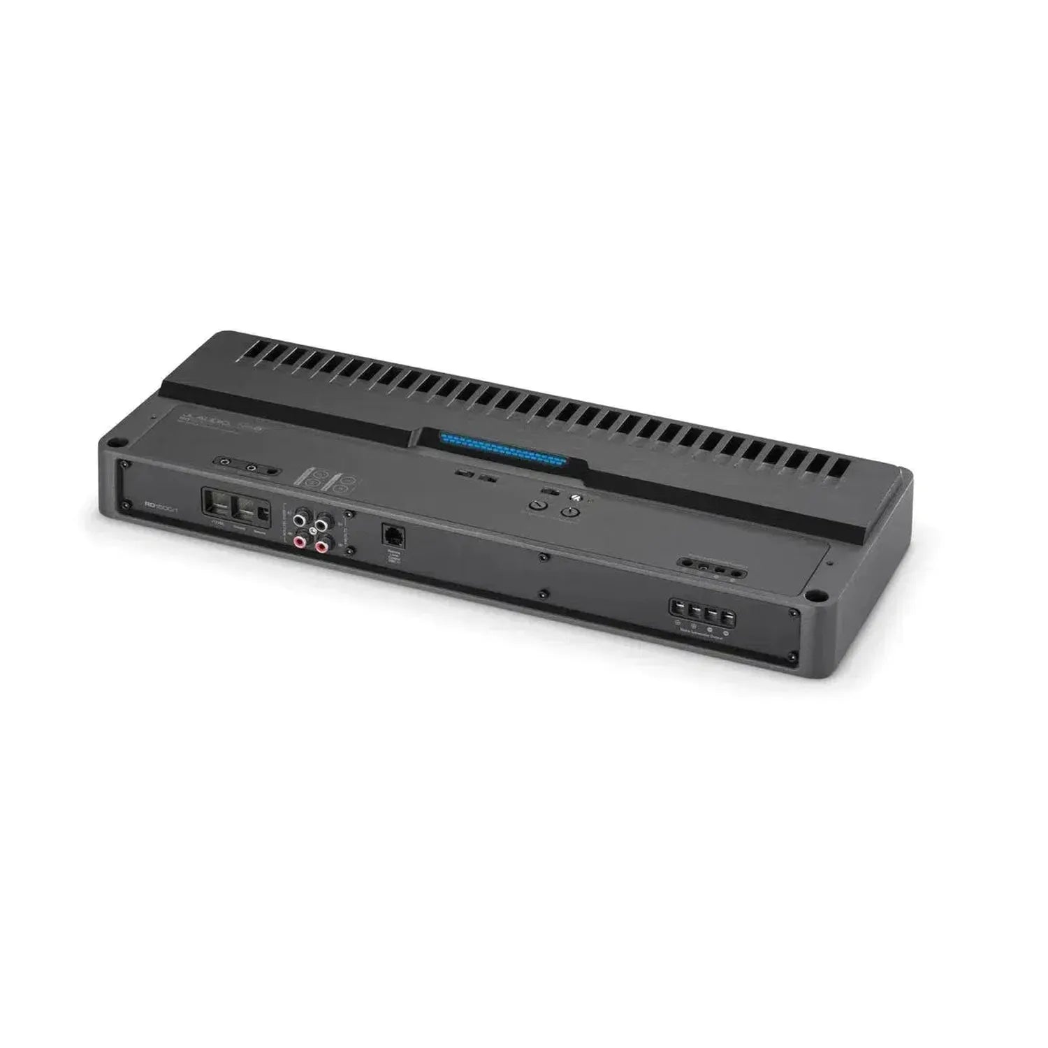 A black rectangular JL Audio RD1500/1 monoblock subwoofer amplifier with knobs, ports, and vents is shown on a white background.