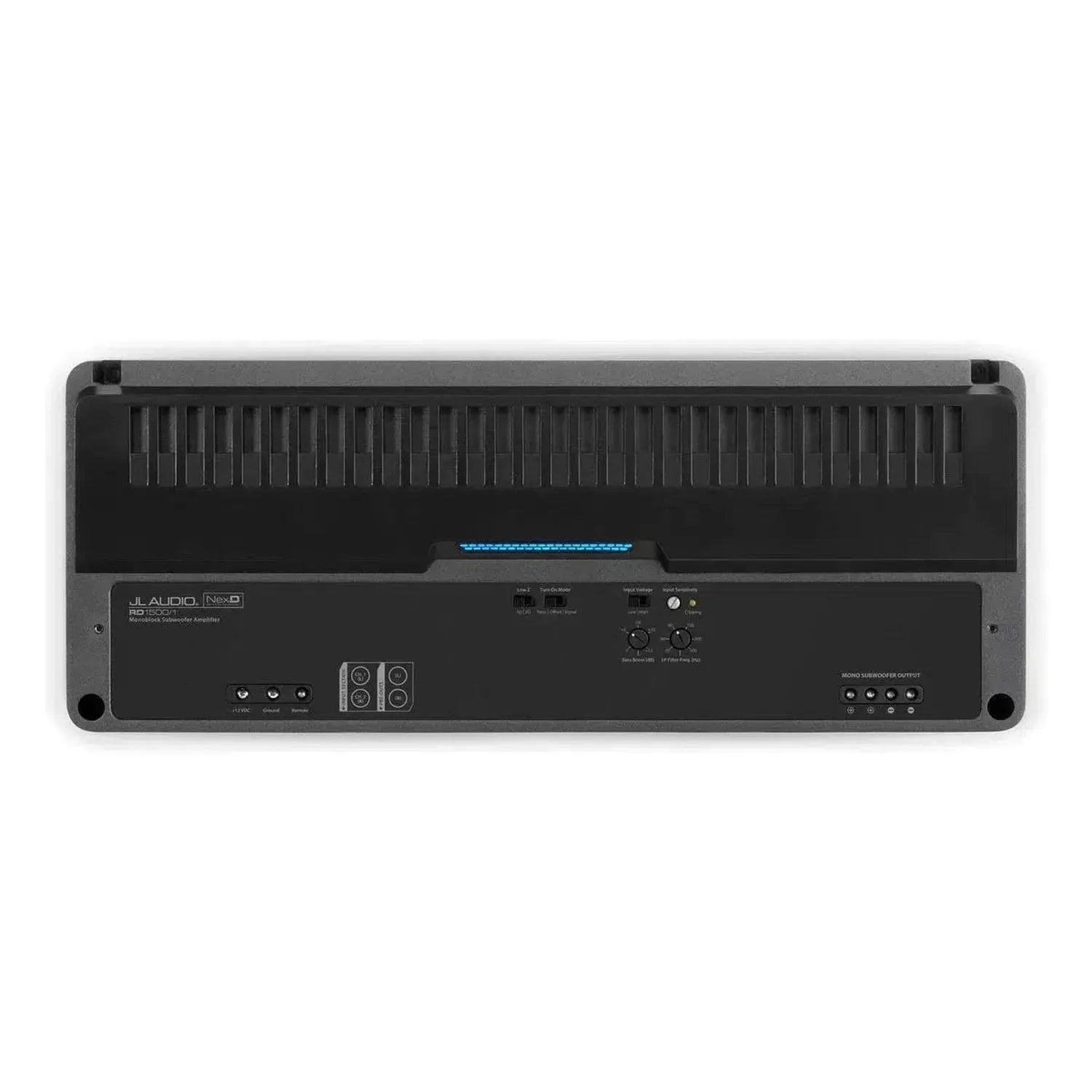 Rear view of the JL Audio RD1500/1 monoblock subwoofer amplifier showing input/output ports, control knobs, and a vented panel on a white background.