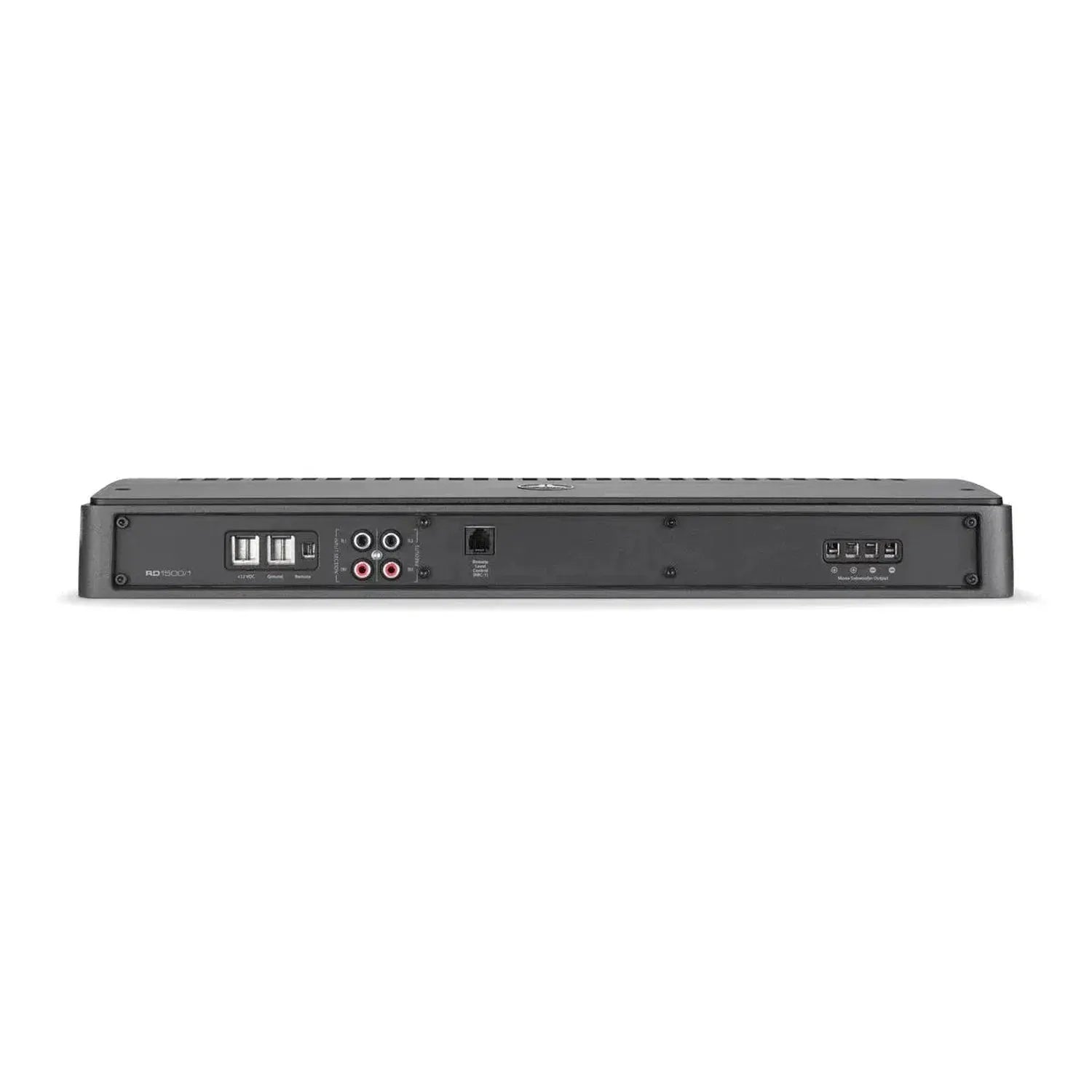 The image shows the back panel of the JL Audio RD1500/1 with multiple ports, including USB, HDMI, audio jacks, and a Class D Verstärker connection.