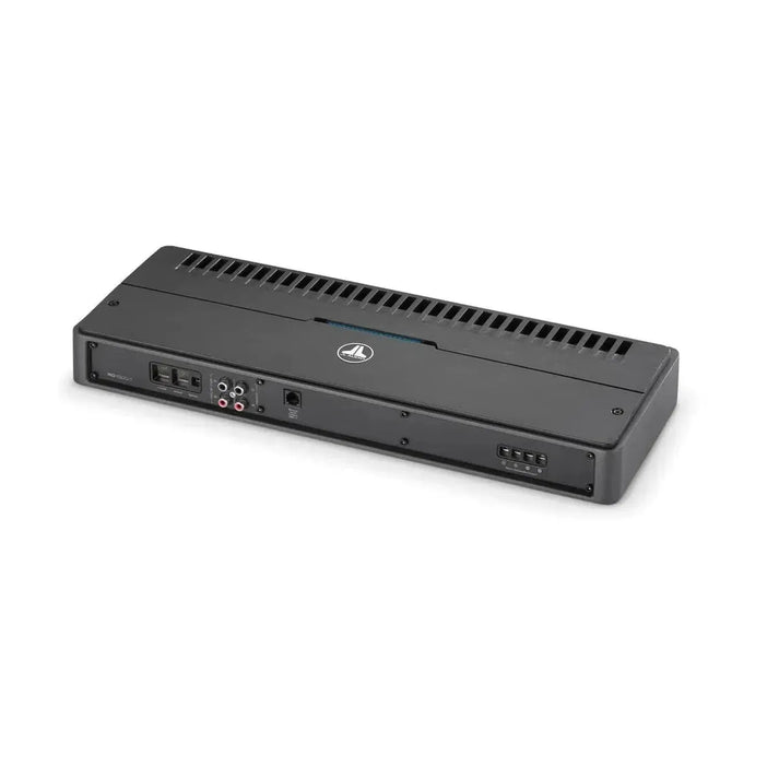 A black JL Audio RD1500/1 Monoblock Subwoofer Verstärker with RCA input/output ports is shown on a white background.