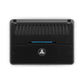 A black JL Audio RD400/4 4-channel amp with center logo, blue LED, and vented top panel with NexD tech, shown from above on white.