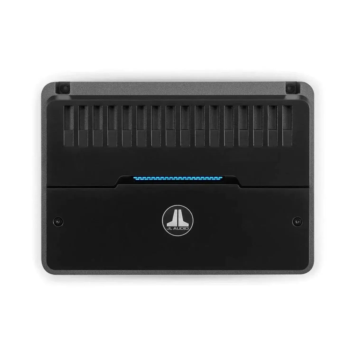 A black JL Audio RD400/4 4-channel amp with center logo, blue LED, and vented top panel with NexD tech, shown from above on white.