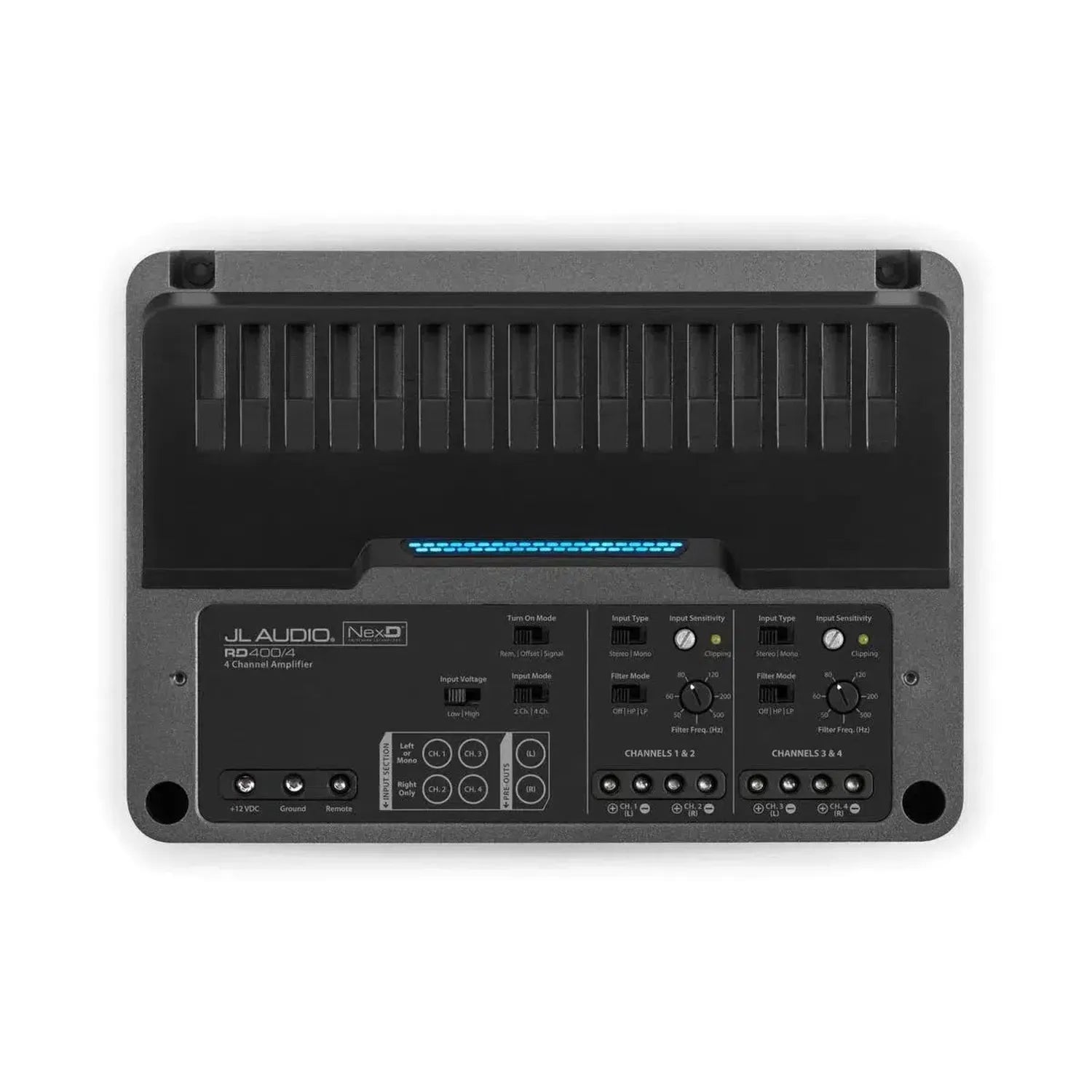 Top view of a JL Audio RD400/4 4-channel amplifier featuring its control panel with various knobs, switches, and NexD-Schalttechnologie input ports.