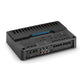 The black JL Audio RD400/4 4-channel amplifier has multiple input/output ports, dials, and labels on the rear panel for easy audio component control.