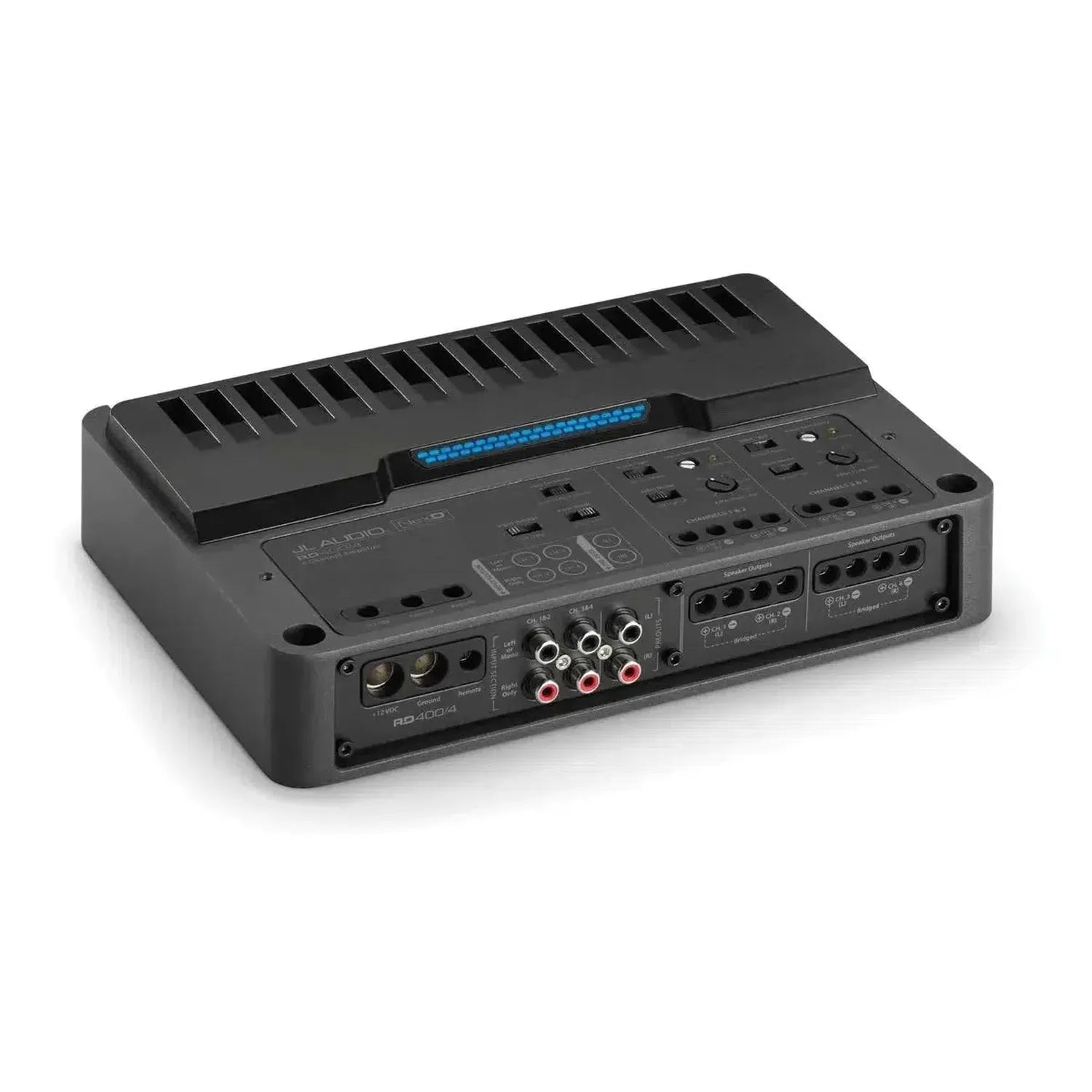 The black JL Audio RD400/4 4-channel amplifier has multiple input/output ports, dials, and labels on the rear panel for easy audio component control.
