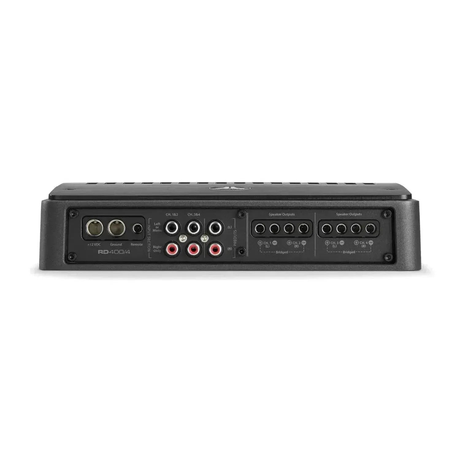 The JL Audio RD400/4, a black 4-channel amp with NexD tech, multiple RCA inputs, and speaker terminals, is shown from the rear on a white background.