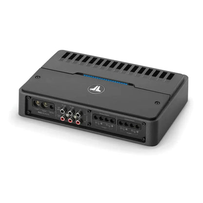The JL Audio RD400/4 is a black 4-channel amplifier with NexD technology, multiple I/O ports, and side adjustment dials, shown on a white background.
