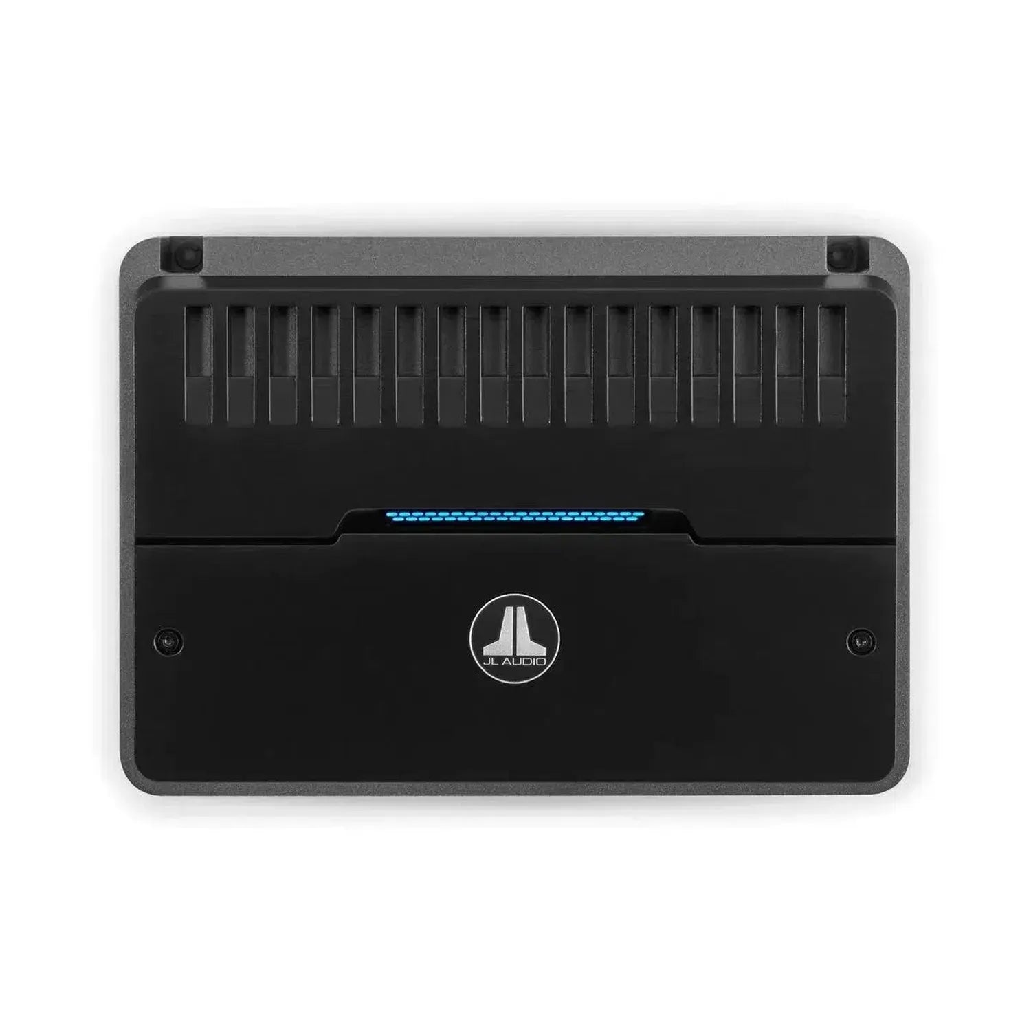 The JL Audio RD500/1 is a black monoblock subwoofer amp with a center logo, vented top panel, and blue indicator lights.