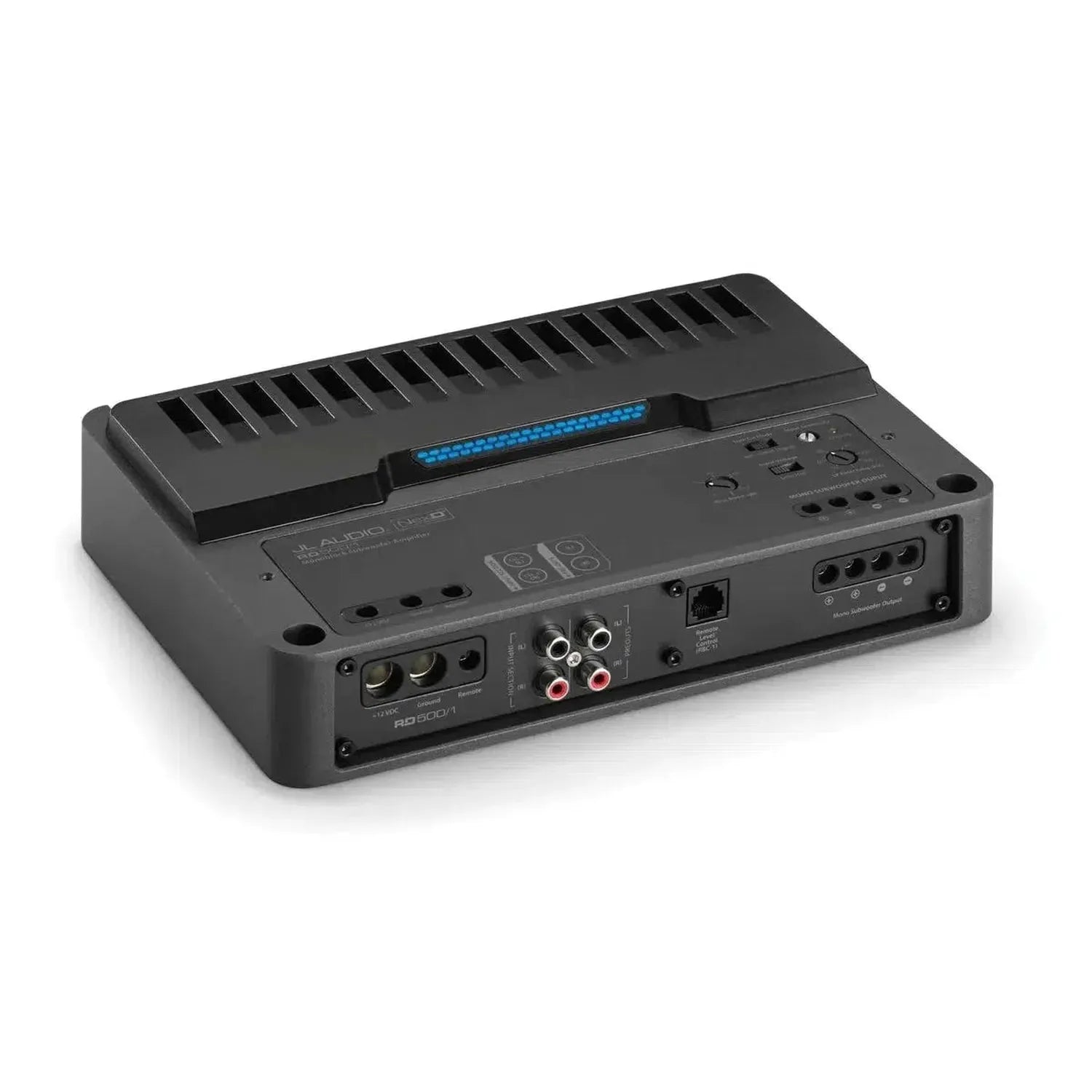 The JL Audio RD500/1 is a black Class D car amplifier featuring RCA connectors, speaker terminals, and control dials.