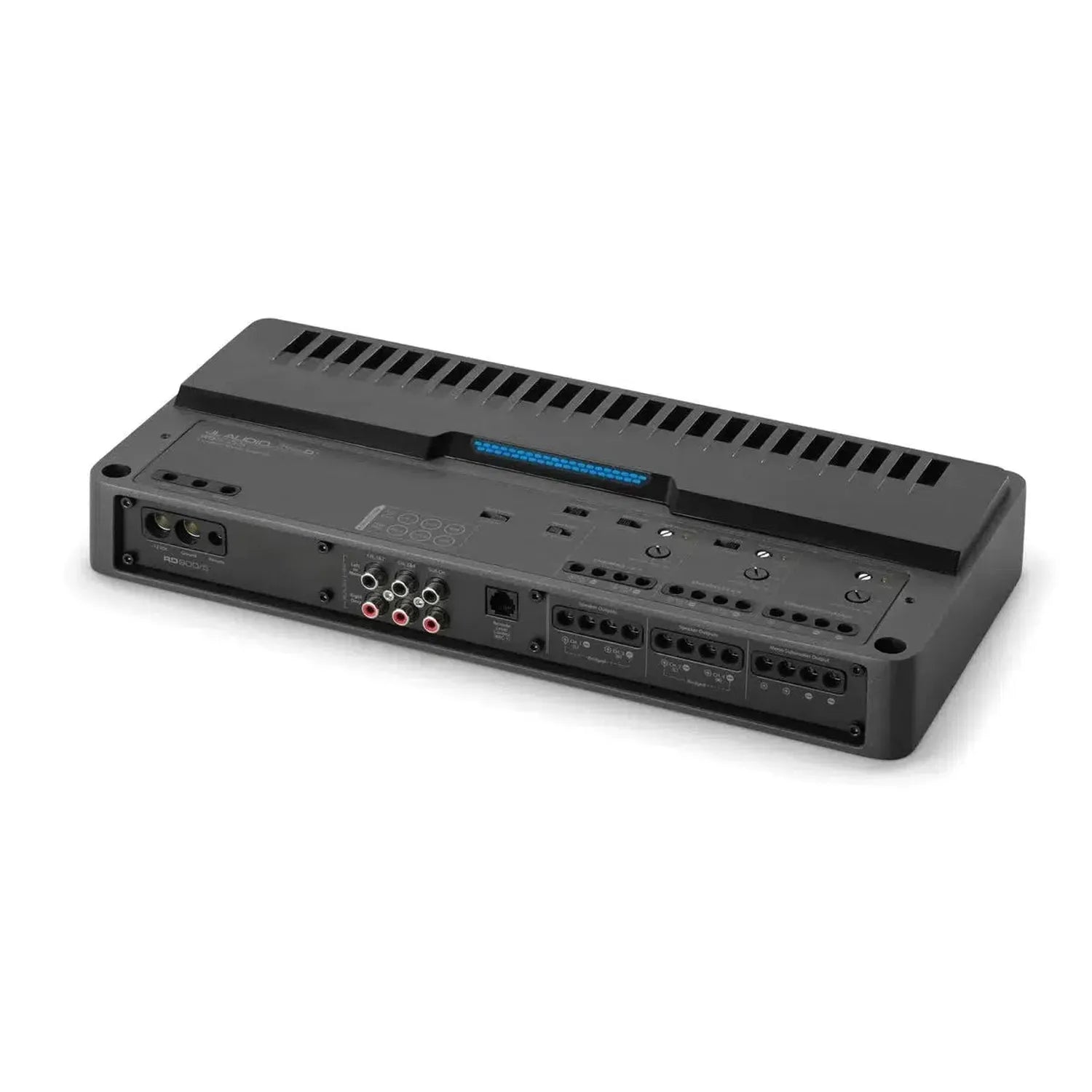 The JL Audio RD900/5 is a black 5-channel amplifier with multiple input/output ports, adjustment knobs, and connection terminals on its surface.