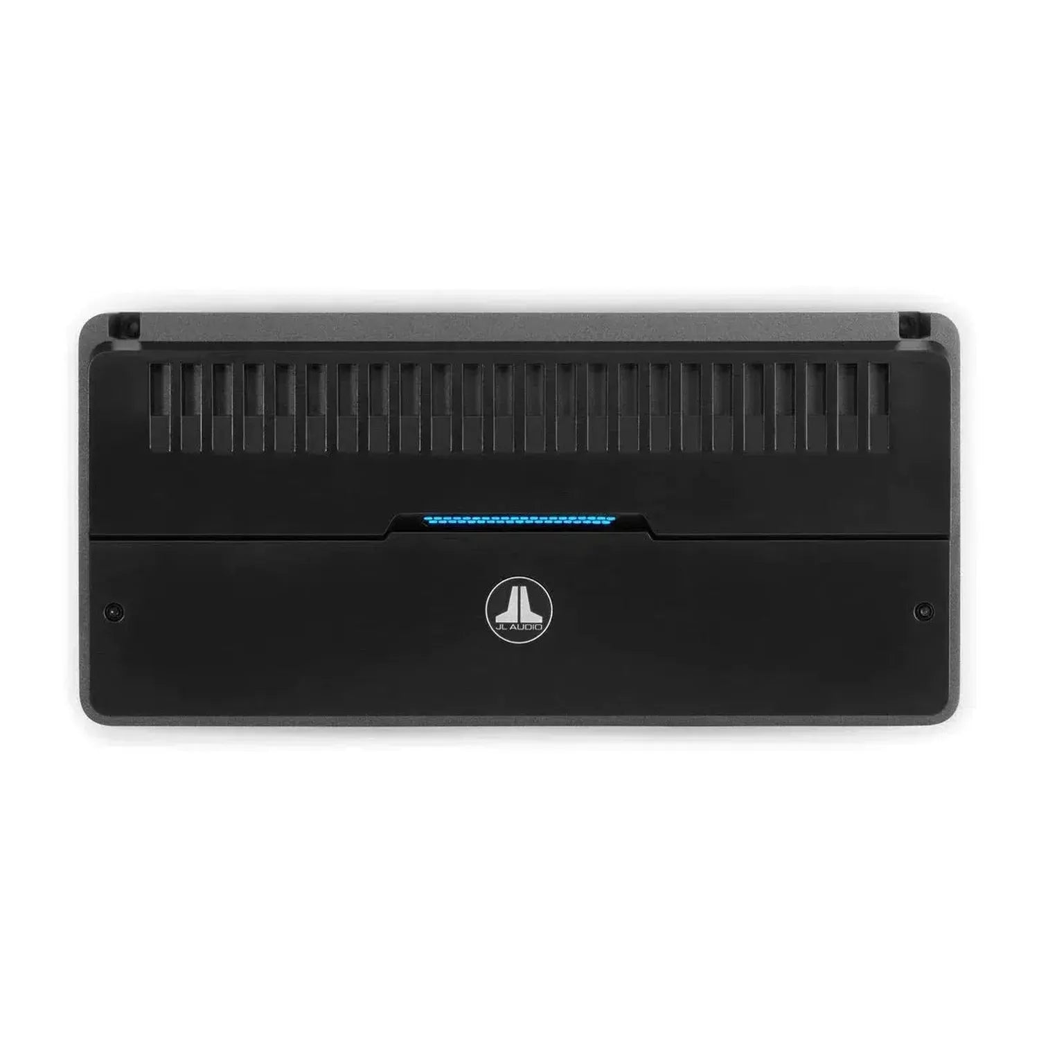 A black JL Audio RD900/5 5-channel amplifier with a central logo and blue LED, viewed from above against a white background.