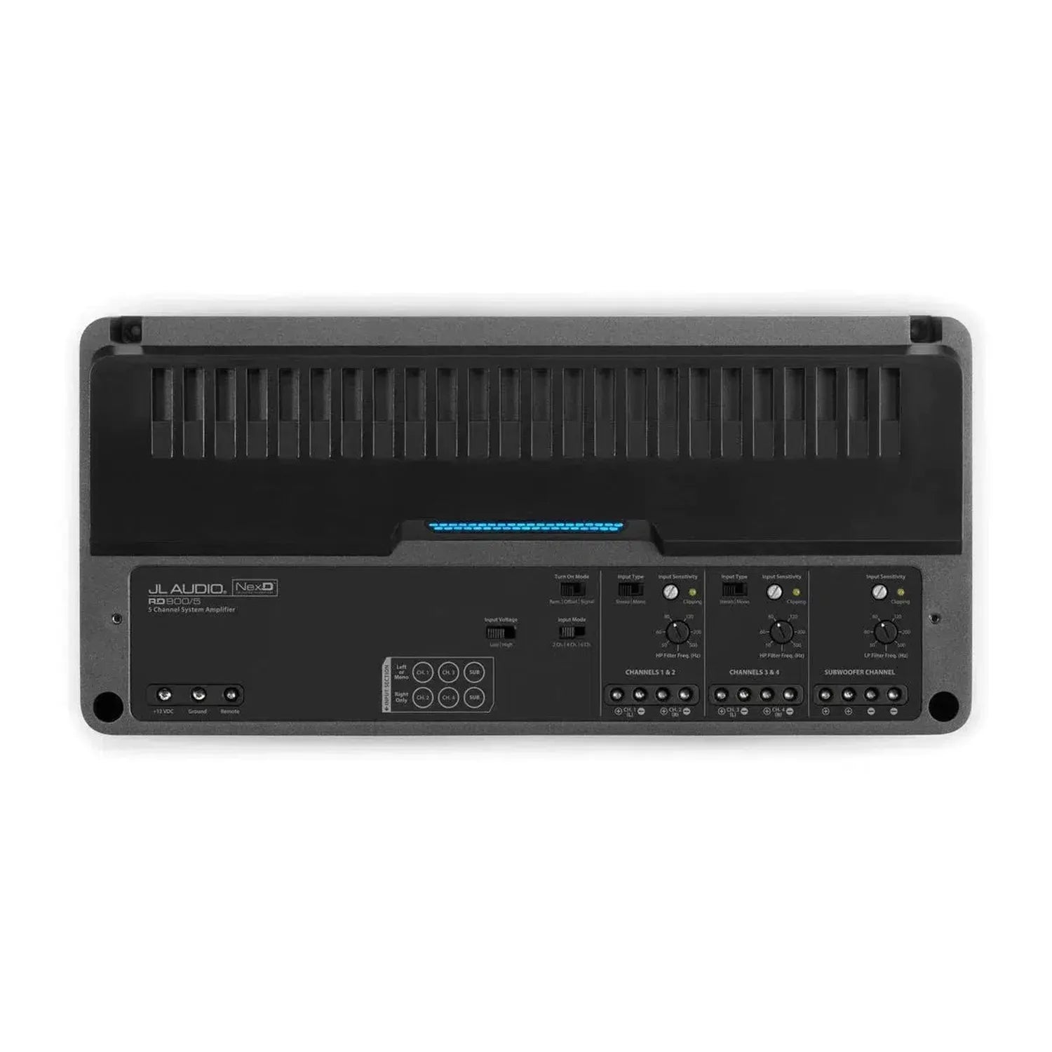 The JL Audio RD900/5 is a black Class-D amplifier featuring control knobs, switches, and input/output ports on the front panel, viewed from above.