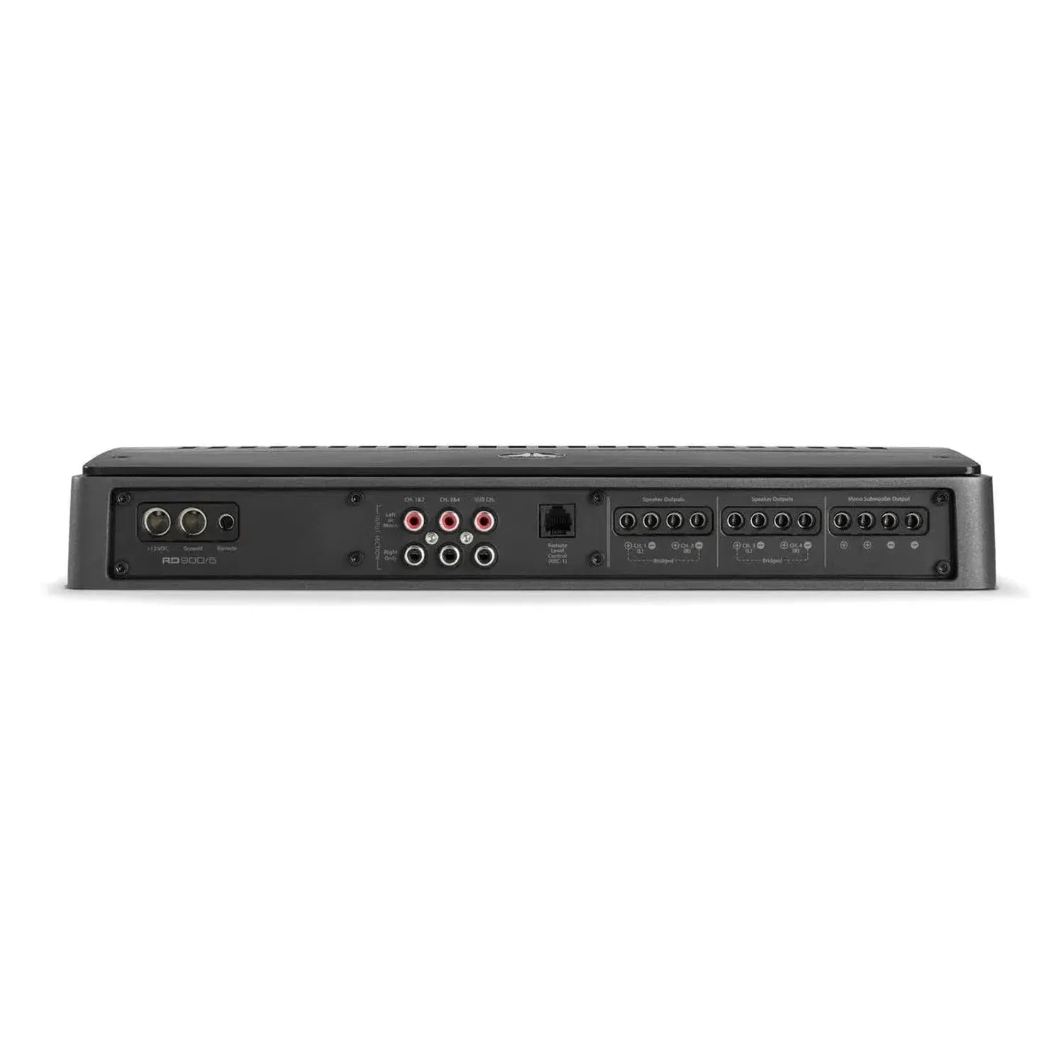Rear view of the JL Audio RD900/5 black 5-channel amp displaying RCA inputs, speaker terminals, and control ports.