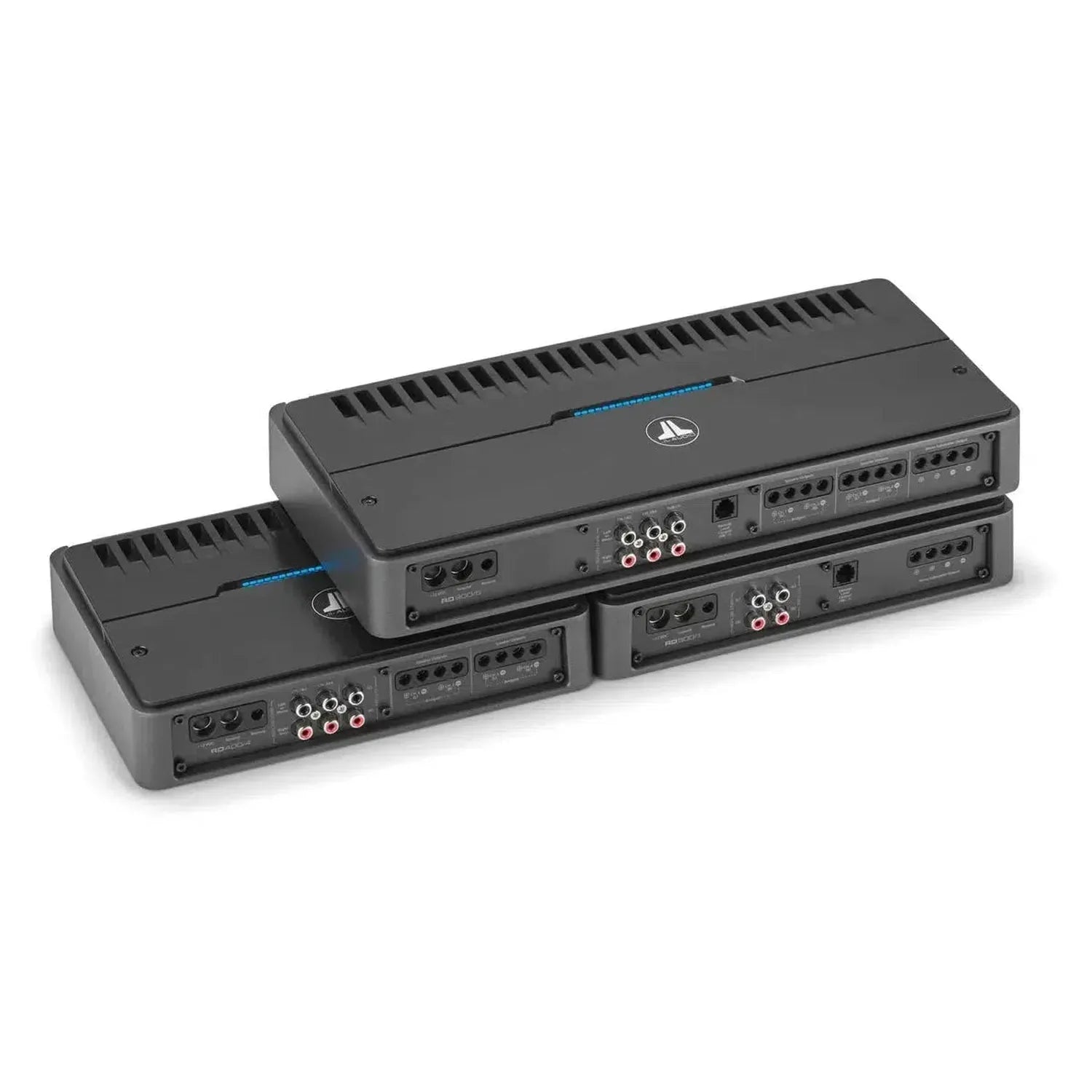 Three stacked JL Audio RD900/5 Class-D car amplifiers with input/output connectors and adjustment knobs visible on their front panels.
