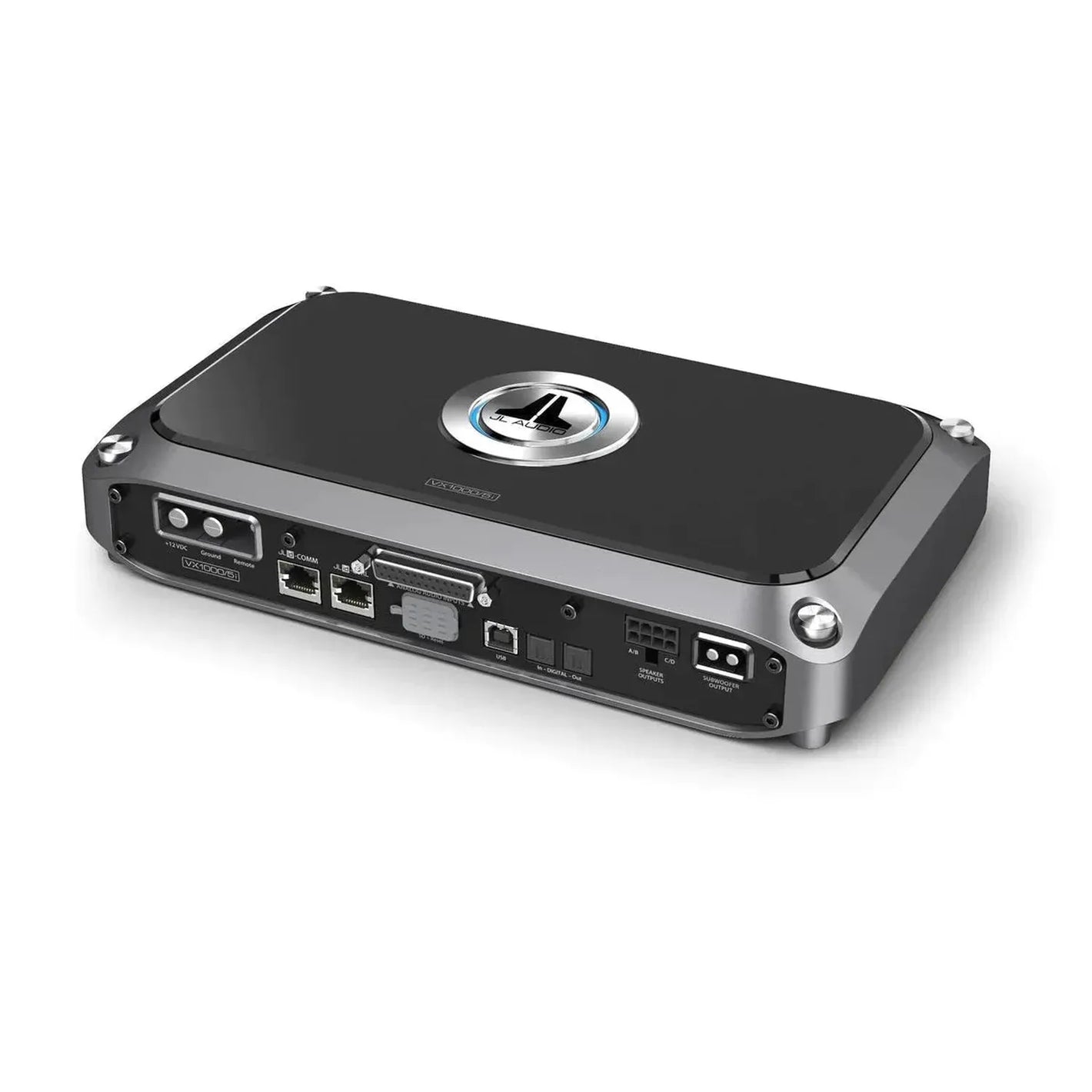 El JL Audio VX1000/5I es un amplificador DSP negro de 5 canales con tecnología NexD2, embellecedor plateado, logotipo superior y múltiples puertos de entrada/salida en el panel trasero.