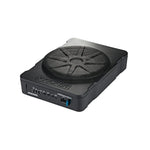 The Kicker Hideaway HS10 is a compact black 6000 Watt subwoofer with a front control panel and ports, plus a round protective grill on top.