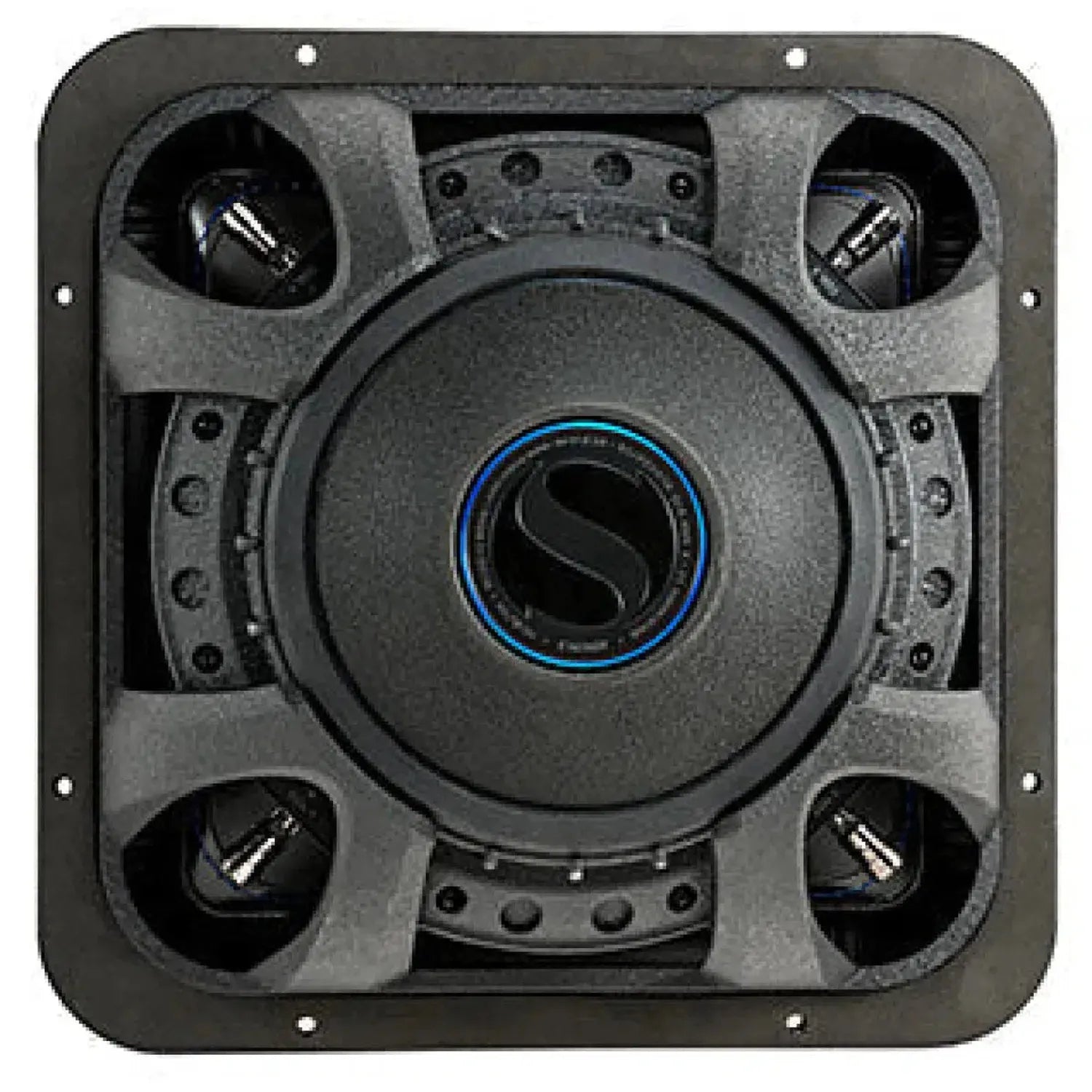 The Kicker Solo-Baric L7S122/L7S124 is a square 12-inch subwoofer featuring a black frame, central circular cone, blue S logo, and four corner screw holes.