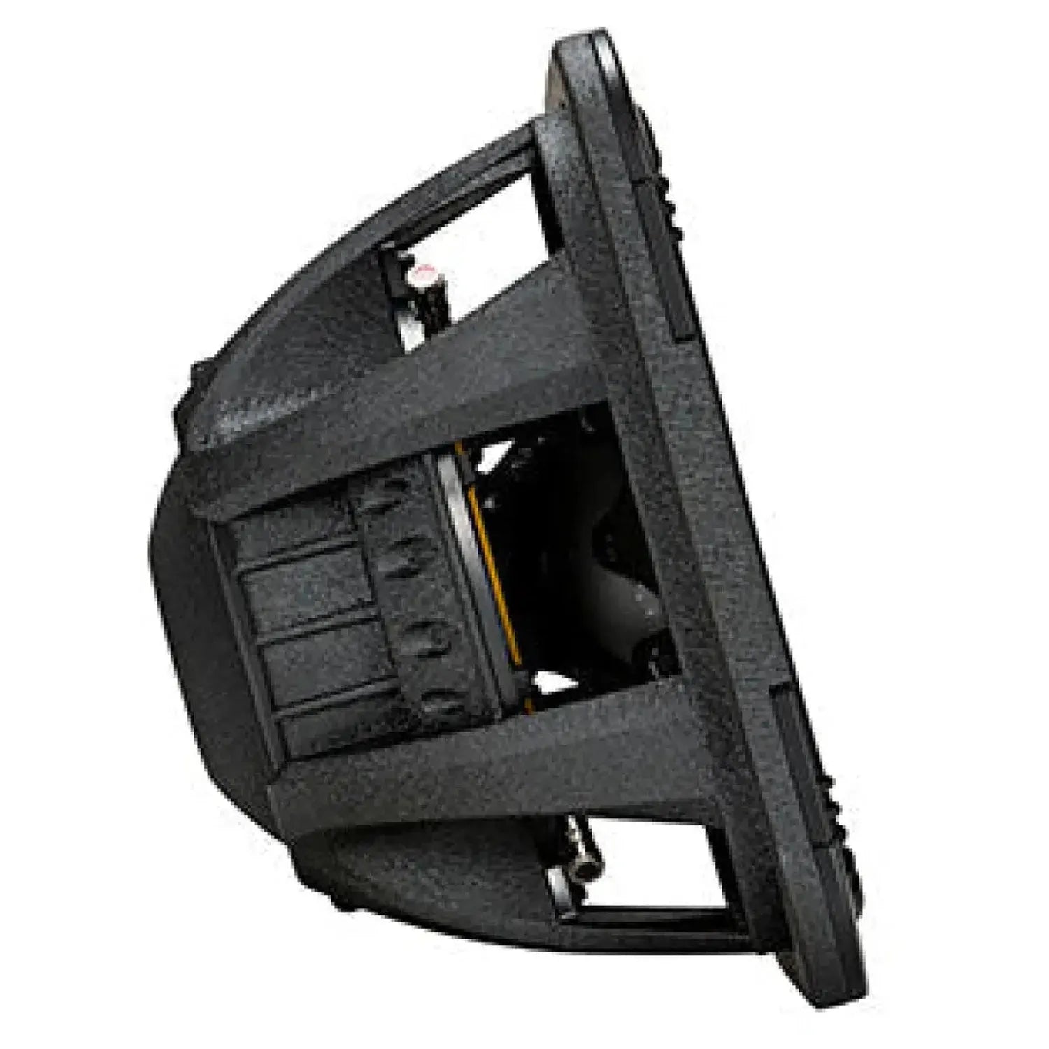 Side view of a black Kicker Solo-Baric L7S122/L7S124 12-inch square subwoofer with visible magnet, cone, and mounting frame against a white background.