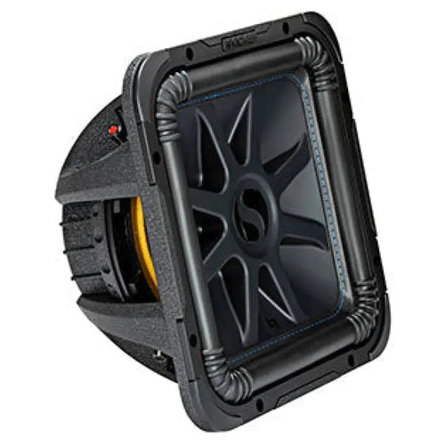 The Kicker Solo-Baric L7S122/L7S124 is a black, rugged subwoofer with a visible cone structure and detailed edge stitching, shown on a white background.