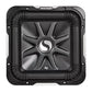 Il subwoofer quadrato nero Kicker Solo-Baric L7S152/L7S154, da 15, presenta un audace design scolpito, il logo centrale e il marchio Kicker sul bordo superiore.