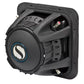 Un subwoofer Kicker Solo-Baric L7S152/L7S154 di colore nero con logo argento e blu sulla parte anteriore e terminali di cablaggio a vista sul lato.