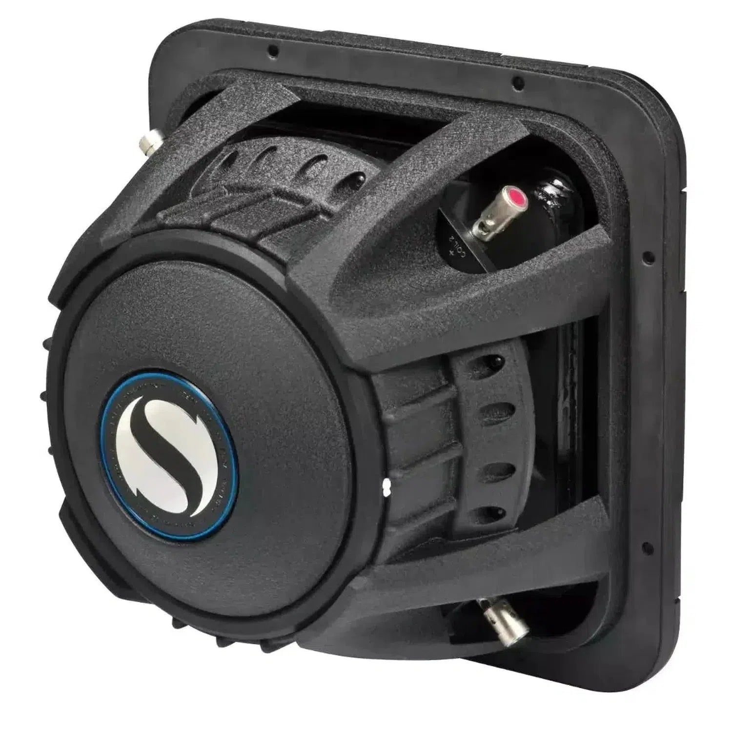 Un subwoofer Kicker Solo-Baric L7S152/L7S154 di colore nero con logo argento e blu sulla parte anteriore e terminali di cablaggio a vista sul lato.