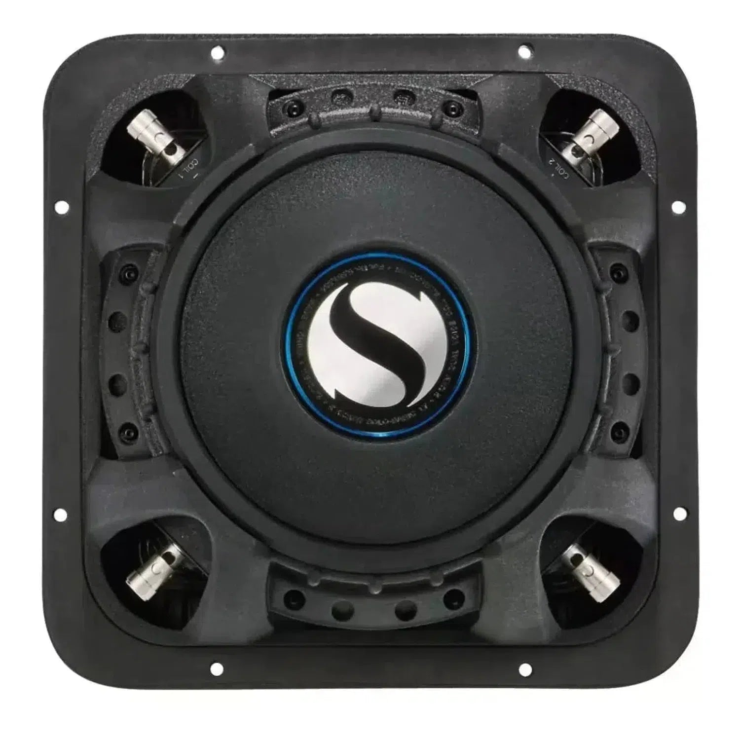 Un subwoofer Kicker Solo-Baric L7S152 nero e quadrato con centro rotondo, logo S nero-argento e quattro connettori, ideale come modello da 15.