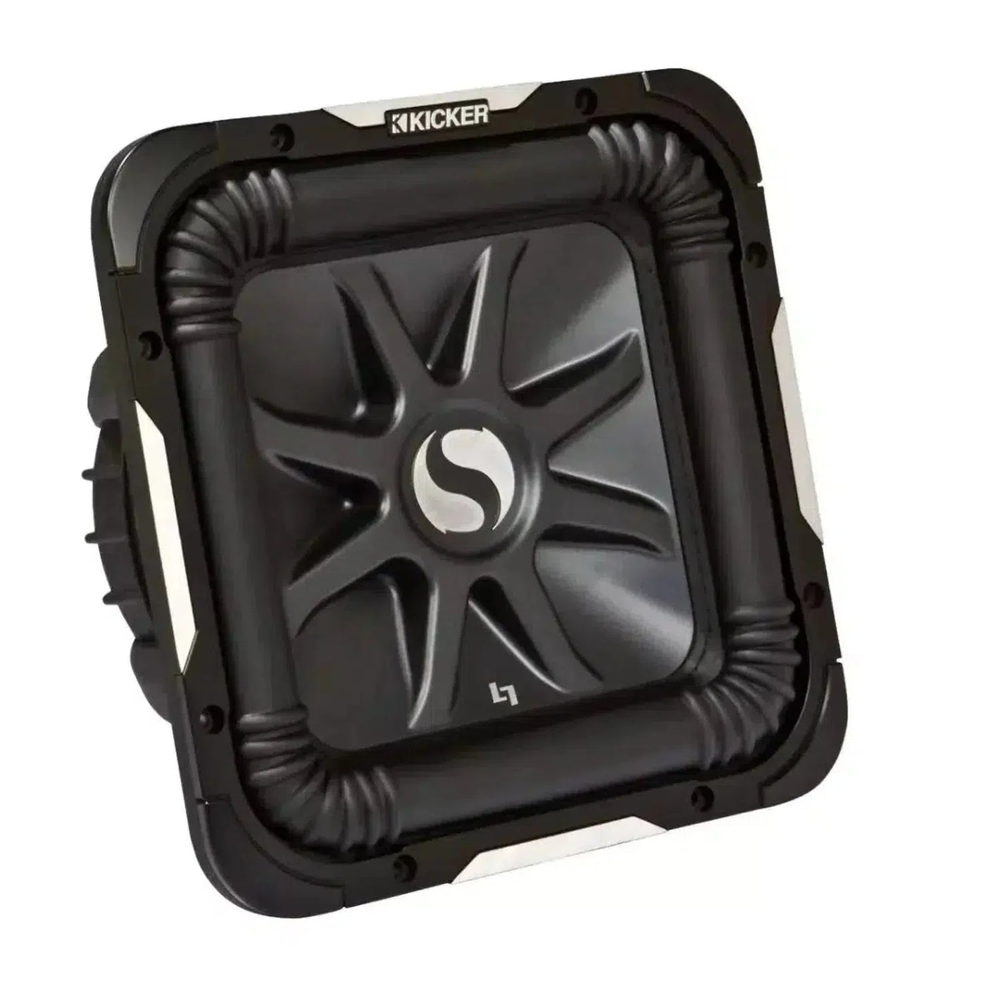 Subwoofer Kicker Solo-Baric L7S152/L7S154 da 15, di colore nero, con logo centrale in rilievo, bordi rigati e accenti argentati su sfondo bianco.