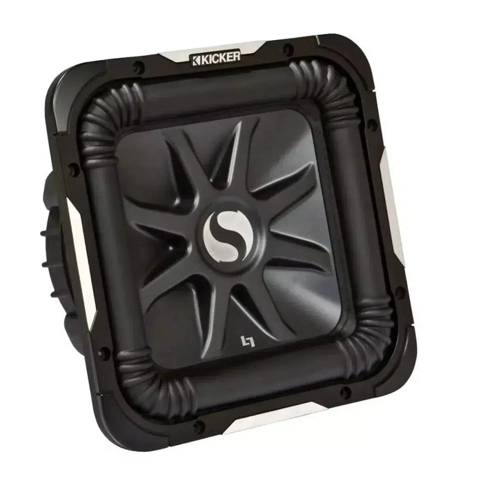 Square black Kicker Solo-Baric L7S152/L7S154 15 subwoofer with raised central logo, ridged edges, and silver accents on a white background.