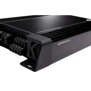 Gros plan dun amplificateur 4 canaux Kicker Warhorse Series 49WXA10004 noir, montrant les ports de connexion et létiquette 2000 Watt sur le boîtier.