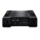 Een zwarte Kicker Warhorse Series 49WXA10004 4-kanaals car audio versterker, achteraanzicht, met 450W RMS vermogen en gelabelde luidsprekerkabelaansluitingen voor meervoudige aansluitingen.